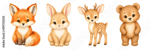 A charming watercolor set of woodland animals featuring a fox bunny deer and bear with soft fur textures and gentle expressions illustrated in a cute storybook style.