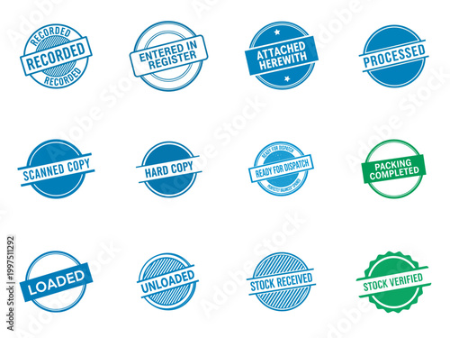Set of 12 circular business process icons with status labels and checkpoints