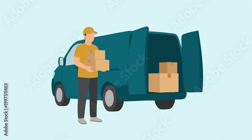 Delivery person loading cardboard boxes into a turquoise delivery van