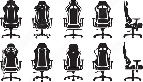 Set of 10 modern gaming chair silhouettes. various angles of ergonomic gamer seat with adjustable features for comfort Vector Illustration.