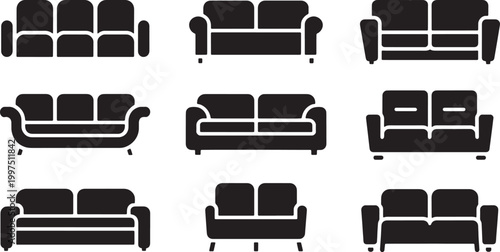 Sofa icons set with different furniture styles for living room interior design and house decoration silhouette concepts Vector Illustration.