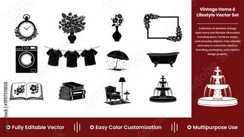 Vintage Home Decor Silhouette Icon Set Furniture Interior Classic Vector Black Icons Pack