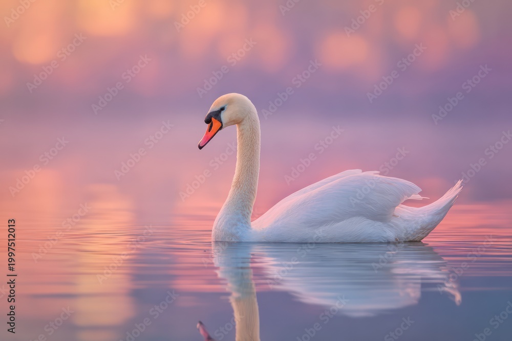 Obraz premium Graceful swan gliding on lake at sunset