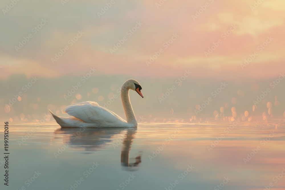 Fototapeta premium Swan on water with pastel sunset
