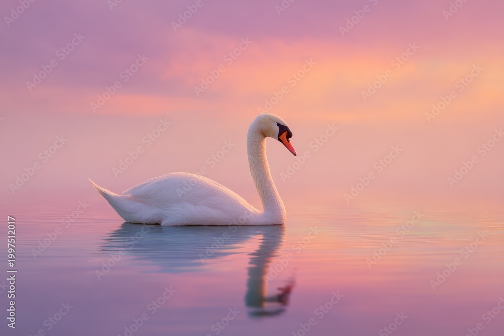 Fototapeta premium Peaceful swan on calm sunset lake
