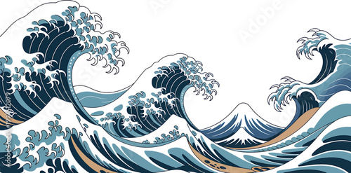 Traditional japanese great wave vector illustration with sea foam and blue ocean water splashes in ukiyo e style vector.