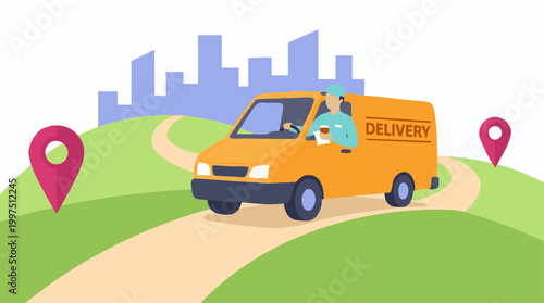 Delivery van with courier driving on route with location pins, city backdrop.