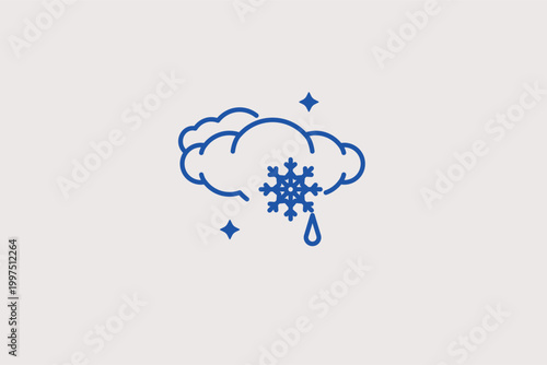 Cloudy snowflake line icon for light winter flurries and frosty air conditions. Chilly vector illustration for seasonal greeting cards and winter clothing shop categories.