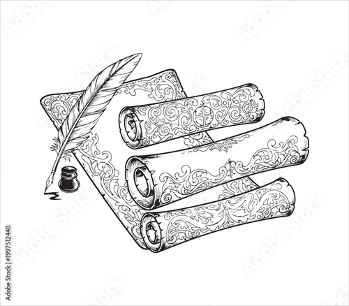 Vintage scrolls with quill pen and inkwell on white background
