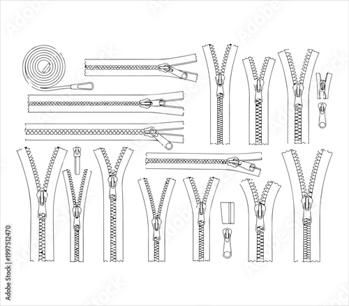 Zipper parts and zippers in different states and positions  various zipper components