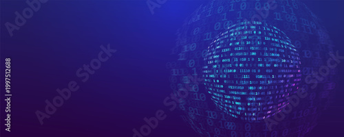 3d sphere with binary code banner with 0 and 1 digits in a dynamic flowing space. Futuristic technology background for IT, web, data, cyber security and digital projects.