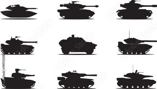 Set of military tanks silhouettes, armored combat vehicles, heavy war machines, collection of army equipment