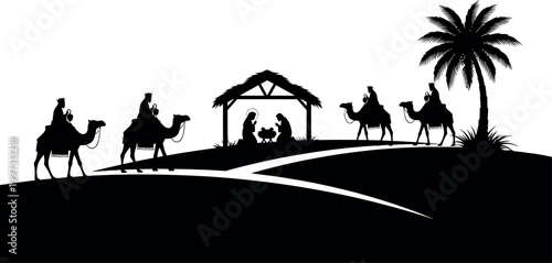 Photos Nativity scene silhouette with camels and palm tree high-quality