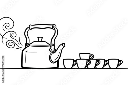 Street Tea Stall Kettle and Cups Line Art Vector