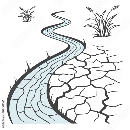 Stream flowing through dry cracked earth with grass and reeds