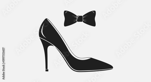 A minimalist flat vector illustration of a fashion accessories set featuring a high heel shoe and a bow tie. 