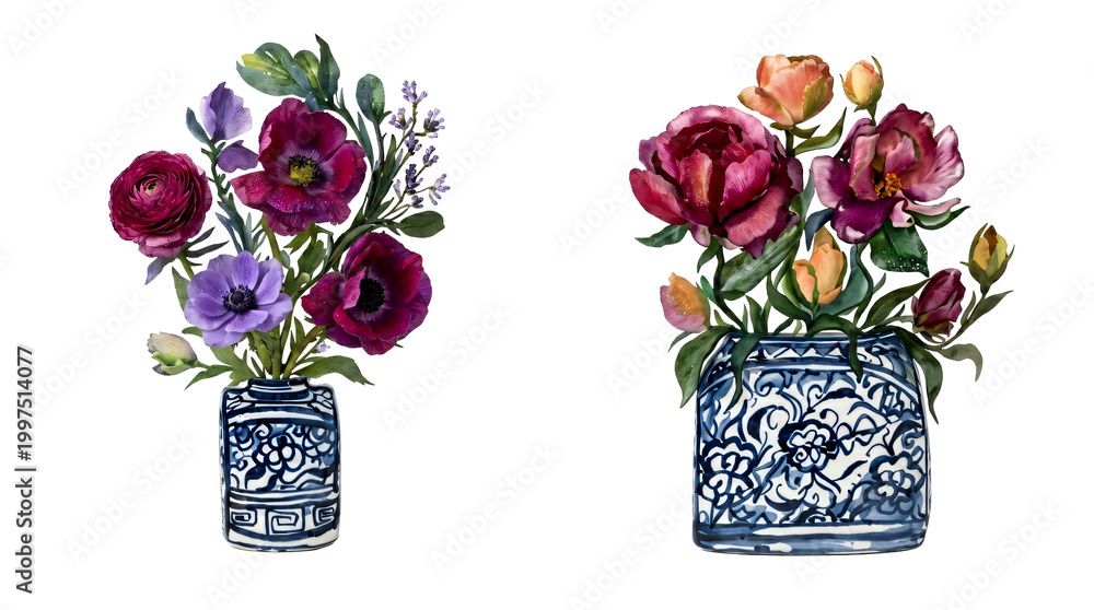 Obraz premium Two vases of colorful flowers on black background