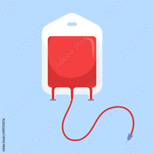 Blood bag with tube and needle isolated on blue background. Concept of Blood donation, blood transfusion, giving, health, medical equipment. Flat vector illustration. 