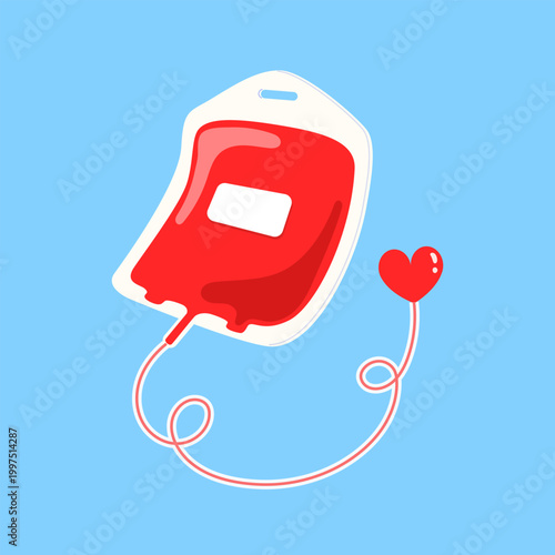Blood bag with tube and heart isolated on white background. Flat vector illustration for Blood Donation.