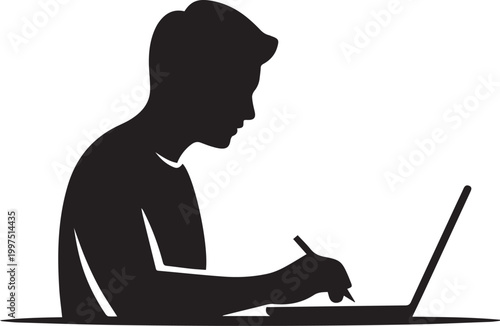 Silhouette of a young man working on a laptop computer, student studying or professional writing, digital nomad concept, vector illustration