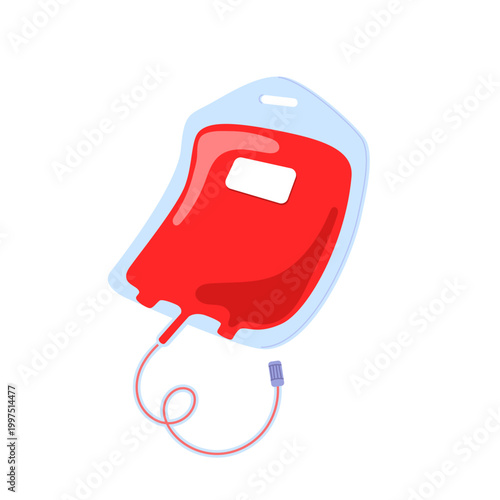 Blood bag with tube isolated on white background. Flat vector illustration of blood donation, transfusion, medical equipment.