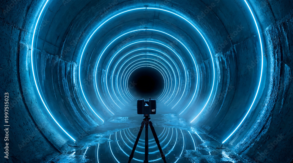 Fototapeta premium Lidar scanner capturing 3d data in futuristic blue tunnel