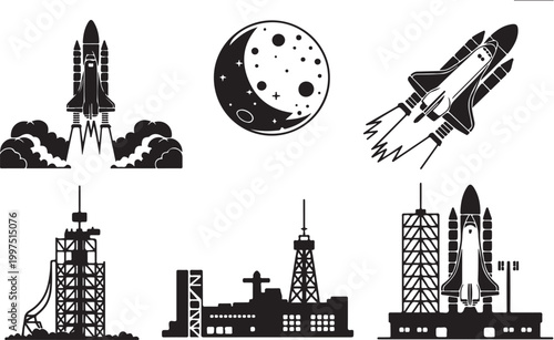 Set of hand-drawn space exploration icons featuring a satellite, astronaut helmet, rocket, planet, and radar dish. Minimalist black line art