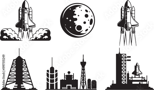 Set of hand-drawn space exploration icons featuring a satellite, astronaut helmet, rocket, planet, and radar dish. Minimalist black line art