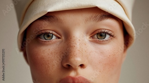 Nahaufnahme eines jungen Mädchens mit Sommersprossen, blauen Augen und weißem Hut