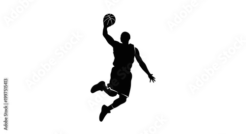 Silhouette of a male basketball player jumping high for a dunk shot, isolated white background.
