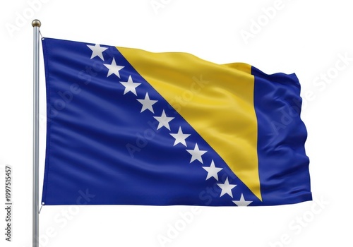Flag of bosnia and herzegovina waving on a flagpole against a white background