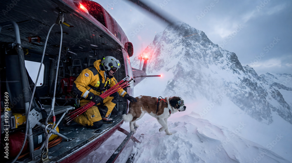 Fototapeta premium Rescue team and st. Bernard dog exiting helicopter in snowy mountains