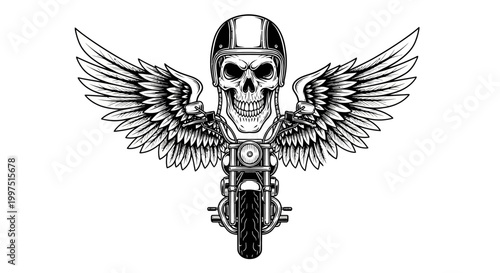 Stylized human skull wearing a helmet with large feathered wings and motorcycle front view on an isolated white background.
