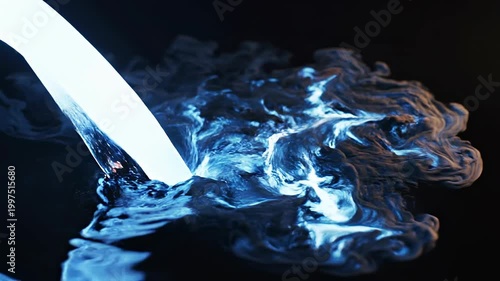Water flow liquid motion fluid dynamics turbulence splash, closeup clear pouring stream with ripple swirl droplets on dark background crisp lighting
