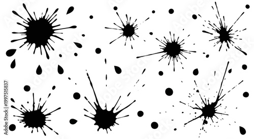 Pattern of multiple black ink splashes and scattered dots on an isolated white background.