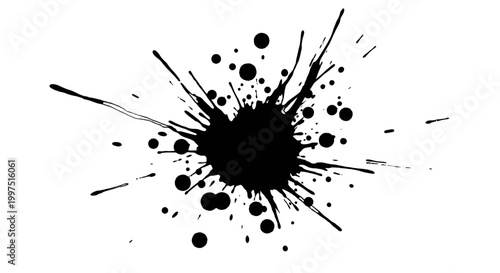 Dynamic black ink splash with scattered dots on an isolated white background.