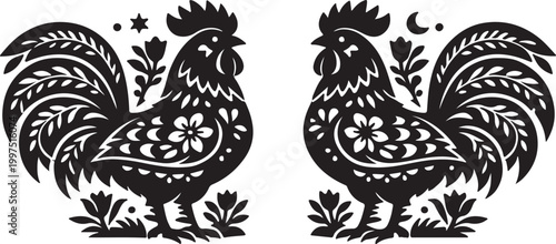 Symmetrical folk rooster pair silhouette vector for farmhouse decor, kitchen print, sticker and rustic branding