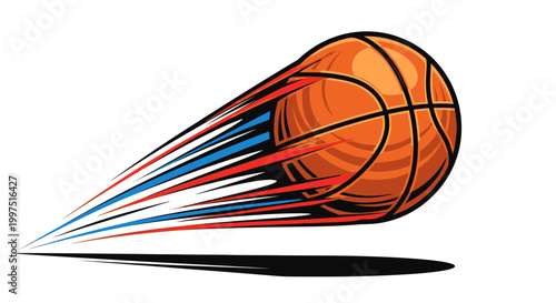Dynamic Basketball with Red and Blue Speed Streaks Showing Motion Effect on Isolated White Background