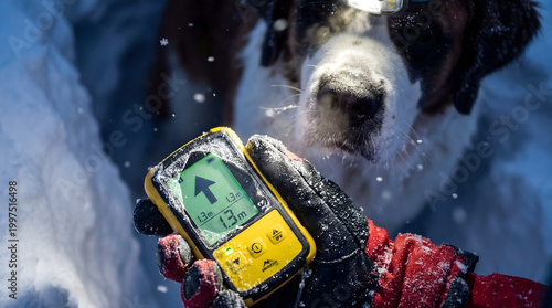 Avalanche rescue dog and rescuer using transceiver in snow