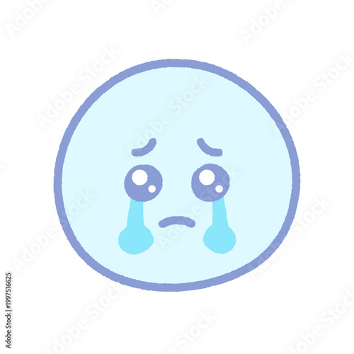 涙を流している泣き顔の水色の感情絵文字アイコン - 涙目のぴえん顔のかわいい手描きのイラスト素材