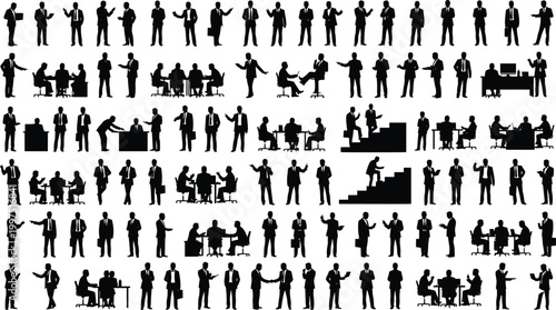 Business People Silhouette Vector Set Featuring Professional Men in Suits Conducting Meetings Shaking Hands and Working in Office Environments.