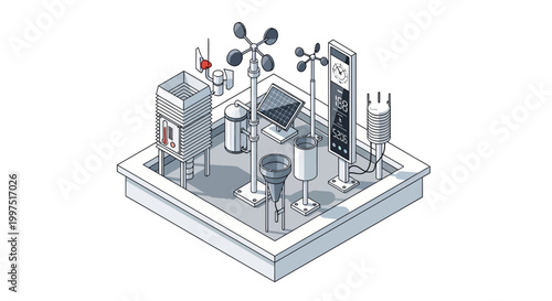 Isometric Weather Station with Meteorological Sensors, Solar Panel and Digital Display. Professional Illustration of Environmental Monitoring Equipment for Science and Technology.