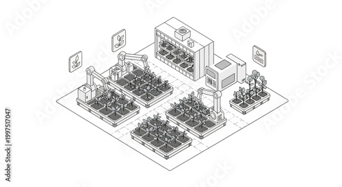 Automated Smart Agriculture Isometric Illustration with Robotic Arms Tending to Indoor Vertical Farm Plants