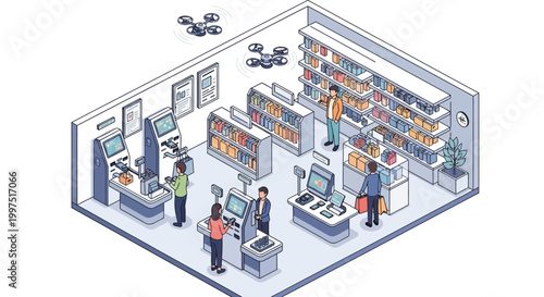 Futuristic Automated Retail Store with Self-Checkout Kiosks and Delivery Drones Isometric Illustration