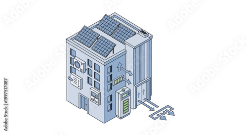 Isometric Illustration of a Sustainable Building with Solar Panels, Energy Storage Battery, and Smart Management System for Green Energy