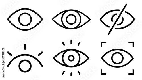 Eye Icon Set Collection in Minimal Line Style, Vision, Visibility, Privacy, Scan and Focus Symbols, Modern Outline UI Icons for Apps, Web, Security and Interface Design