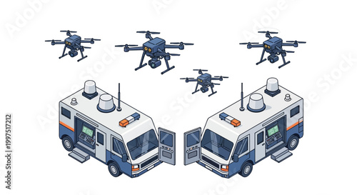 Isometric Illustration of Mobile Command Center Vans and Security Drones for Remote Surveillance and Emergency Response Operations