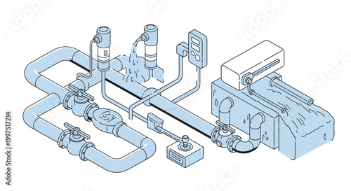 Isometric Industrial Water Management System Illustration with Pipes, Valves, and Control Panel