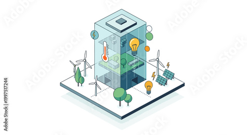 Isometric Sustainable Building Concept with Solar Panels Wind Turbines and Green Energy Icons for Eco-Friendly Urban Development
