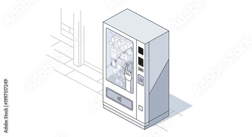 Isometric Modern Vending Machine Vector Illustration with Hand Touching Interactive Screen for Contactless Payment and Automated Retail Concept